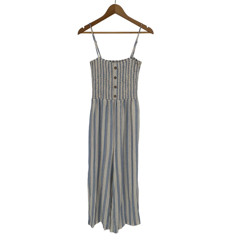 Love Tree Striped Wide Leg Jumpsuit Large Blue White Linen Blend Smocked Coastal - Picture 2 of 9